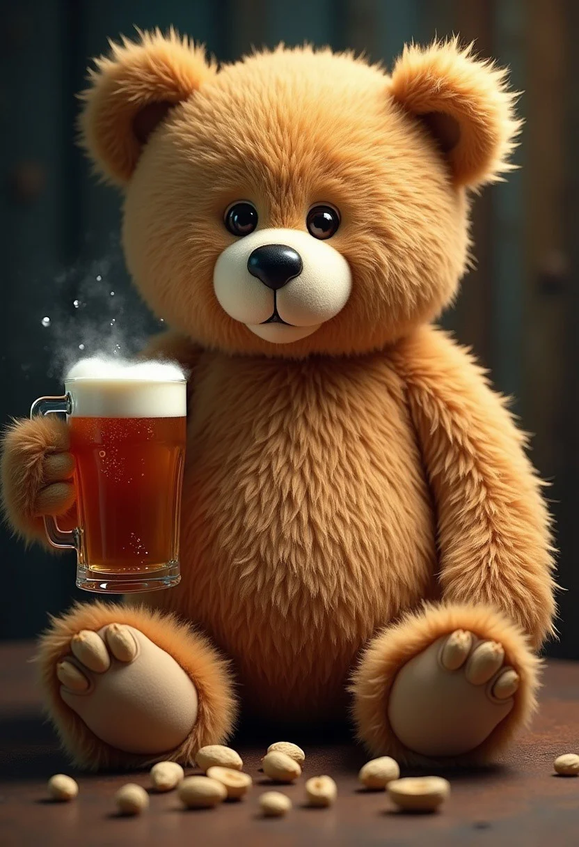 (masterpiece), best quality, expressive eyes, perfect face
Imagine a large, fluffy bear with a gentle expression, sitting comfortably on its haunches. In one paw, it's clutching a frothy mug of beer, the bubbles catching the light. Scattered around its feet are peanuts, some still in their shells, others cracked open, a casual snack for this laid-back creature. The scene is both whimsical and cozy, a snapshot of relaxation in the animal kingdom.