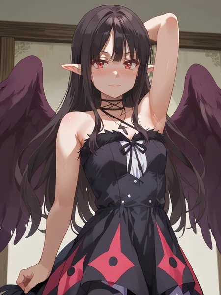 score_9, score_8_up, score_7_up, score_6_up, score_5_up, score_4_up, source_anime,cinematic shadow, detailed hands,character focus, detailed skins, perfect curvy small breasts, body blush,<lora:StS_PonyXL_Detail_Slider_v1.4_iteration_3:3>, high resolution, ultra detailed,8K,16K,32k,64k,128k,256k,ultra-detailed,best quality, <lora:zPDXLxxx+:1> zPDXLxxx, <lora:zPDXLpg+:1> zPDXLpg,<lora:Eve_Reese:1>,evereese, bangs, black hair,very long hair, pointy ears, red eyes,evereesedress, bare shoulders, collarbone,feathered wings, black wings, sleeveless, black dress, black ribbon, halterneck,criss-cross halter, bandages,jewelry, necklace, <lora:StS_age_slider_v1_initial_release:-0.5>,collarbone,(begging:1.3), body blush,standing, collarbone, arm up, armpit, perfect armpit, armpit focus,looking at viewer, light smile,leaning back,standing, <lora:w1ngsXLP:0.7> w1ngs,black angel wings, presenting body, sidelocks, closed mouth,