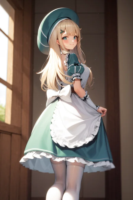 masterpiece, best quality, highres, 1girl yomi, hat dress apron <lora:yomi:1> smile, standing, from behind, looking back