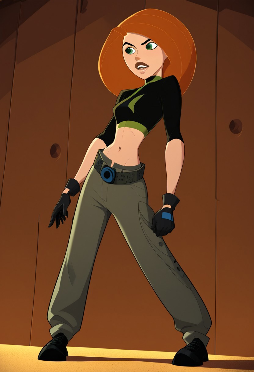 score_9, score_8_up, score_7_up, score_6_up, score_5_up, score_4_up, BREAK, 
Kim Possible,
1girl, solo, gloves, green eyes, pants, midriff, belt, navel, crop top, orange hair,