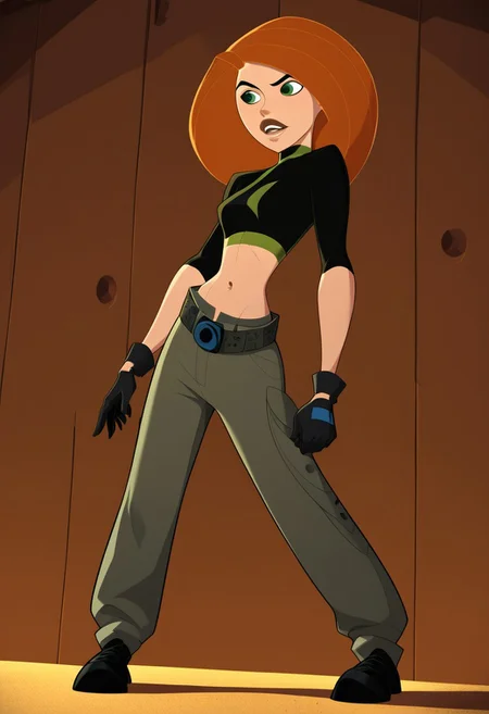 score_9, score_8_up, score_7_up, score_6_up, score_5_up, score_4_up, BREAK,
Kim Possible,
1girl, solo, gloves, green eyes, pants, midriff, belt, navel, crop top, orange hair,