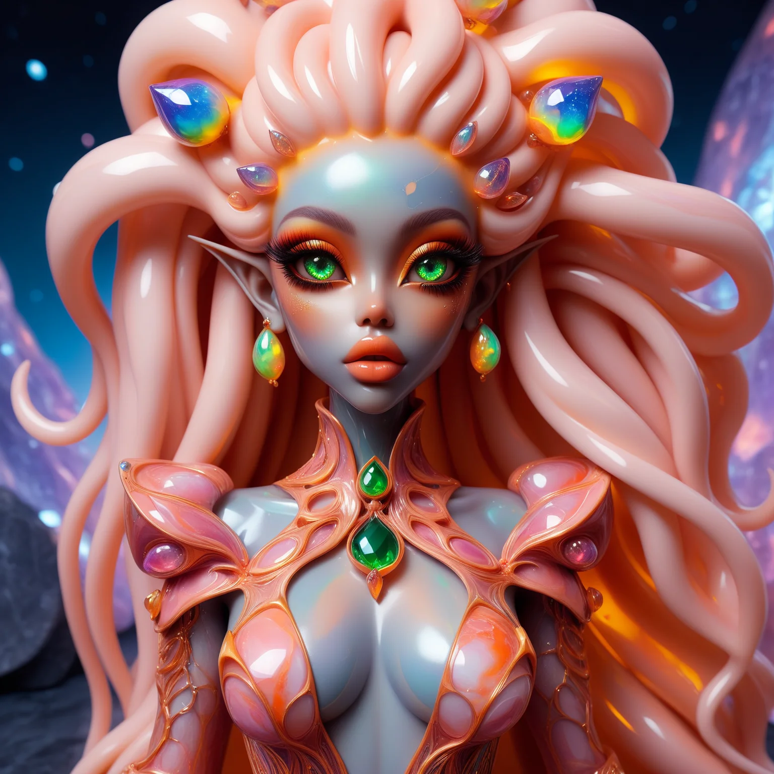 <lora:CrystalStoneD:0.8>full body shot of a beautiful elf girl with big detailed eyes and huge lips , marble stone skin , gem , colored skin , beautiful alien elf girl with big detailed eyes and huge lips , photoshoot editorial of cosmic style, where alien-esque models meld with flowing lava lamps and dynamic plasma, crafting an entrancing visual symphony. Merge 90s nostalgia, surreal makeup art, and glossy textures into a neon-soaked masterpiece that defies reality ,8k, extreme detailed , colorful , highest detailed