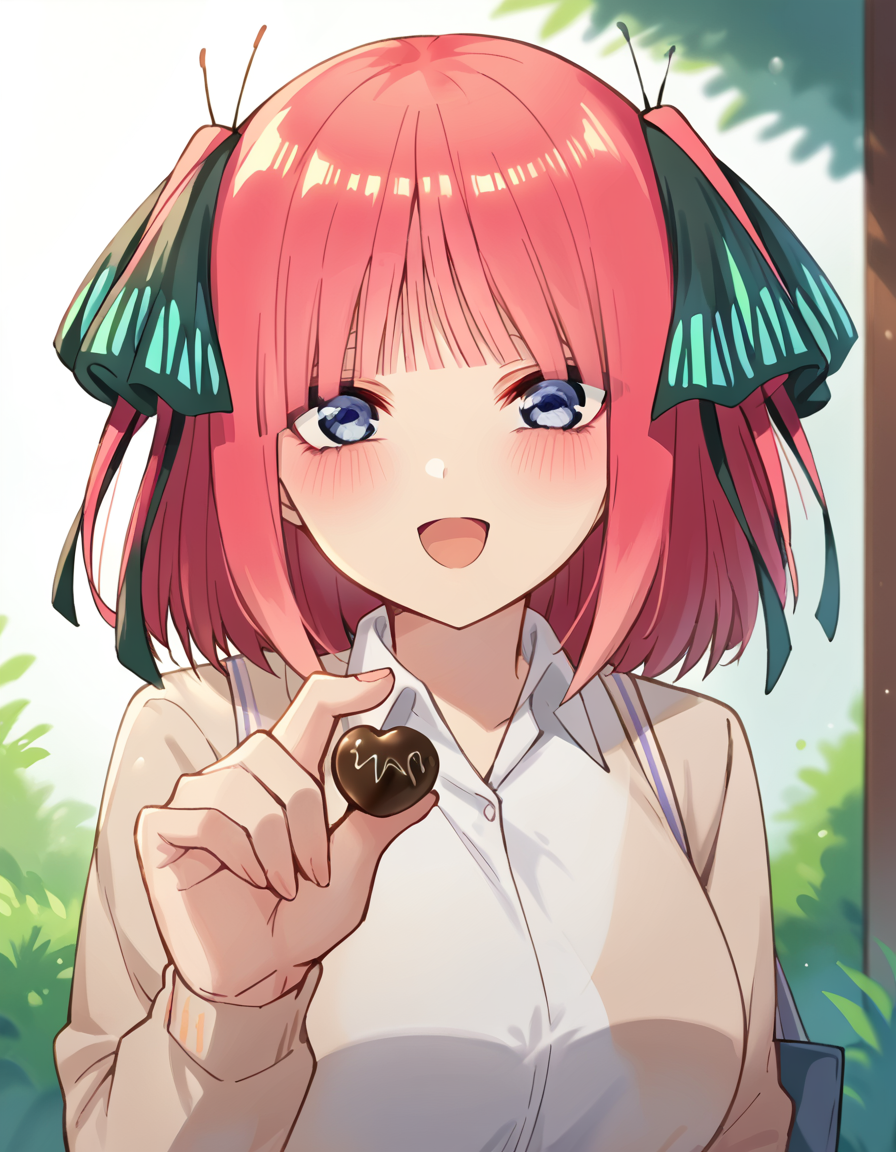 score_9, score_8_up, score_7_up, source_anime, <lora:nnakano-s2-ponyxl-lora-nochekaiser:1>, short hair, bangs, blue eyes, hair ornament, hair ribbon, pink hair, blunt bangs, two side up, butterfly hair ornament, large breasts,, <lora:incoming-chocolate-ponyxl-lora-nochekaiser:1> incoming food, chocolate, holding, holding chocolate, holding food, food, looking at viewer, open mouth, blush, smile, school uniform,, ,