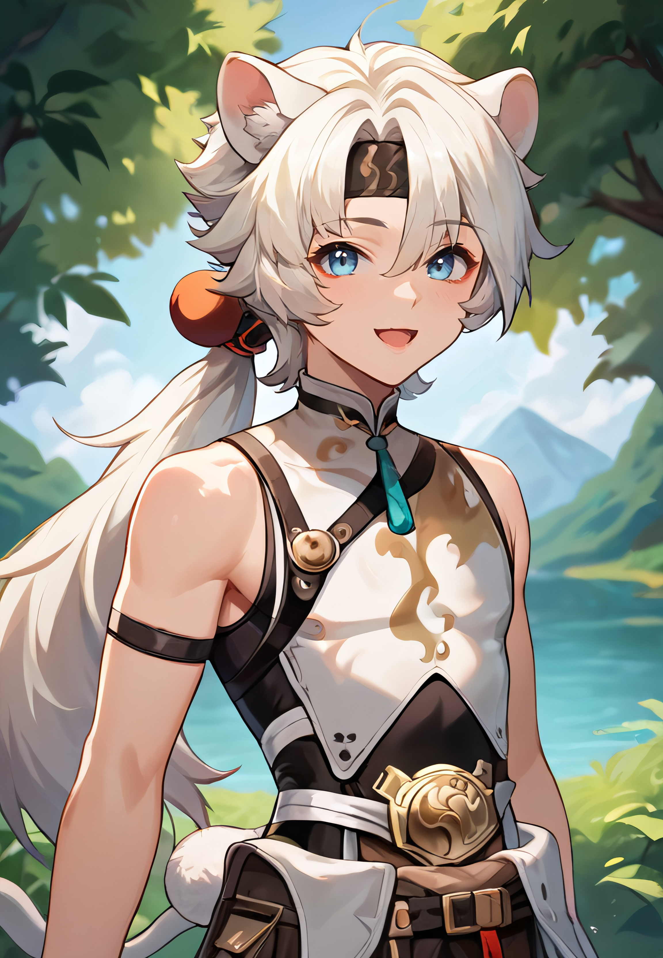 score_9, score_8_up, score_7_up, all in one, masterpiece, best quality, lots of details, (1boy:1.3), male focus, (narrow waist:1.5), <lora:sdxl_lightning_8step_lora:0.75> , closed mouth, shaded, detailed shading, detailed skin, shaded skin, realistic shading, looking at viewer, countershading:1.1, outdoors, <lora:add-detail-xl:0.7>, <lora:Smooth Anime 2 Style SDXL_LoRA_Pony Diffusion V6 XL:0.65>, , ,  , sloppy open mouth, cute smile,  , hair between eyes, <lora:lingyang-08:0.55>, (lingyang:1.3), ponytail, blue eyes, tail, animal ears, (default outfit:1.3), (upper body:1.2), headband,
