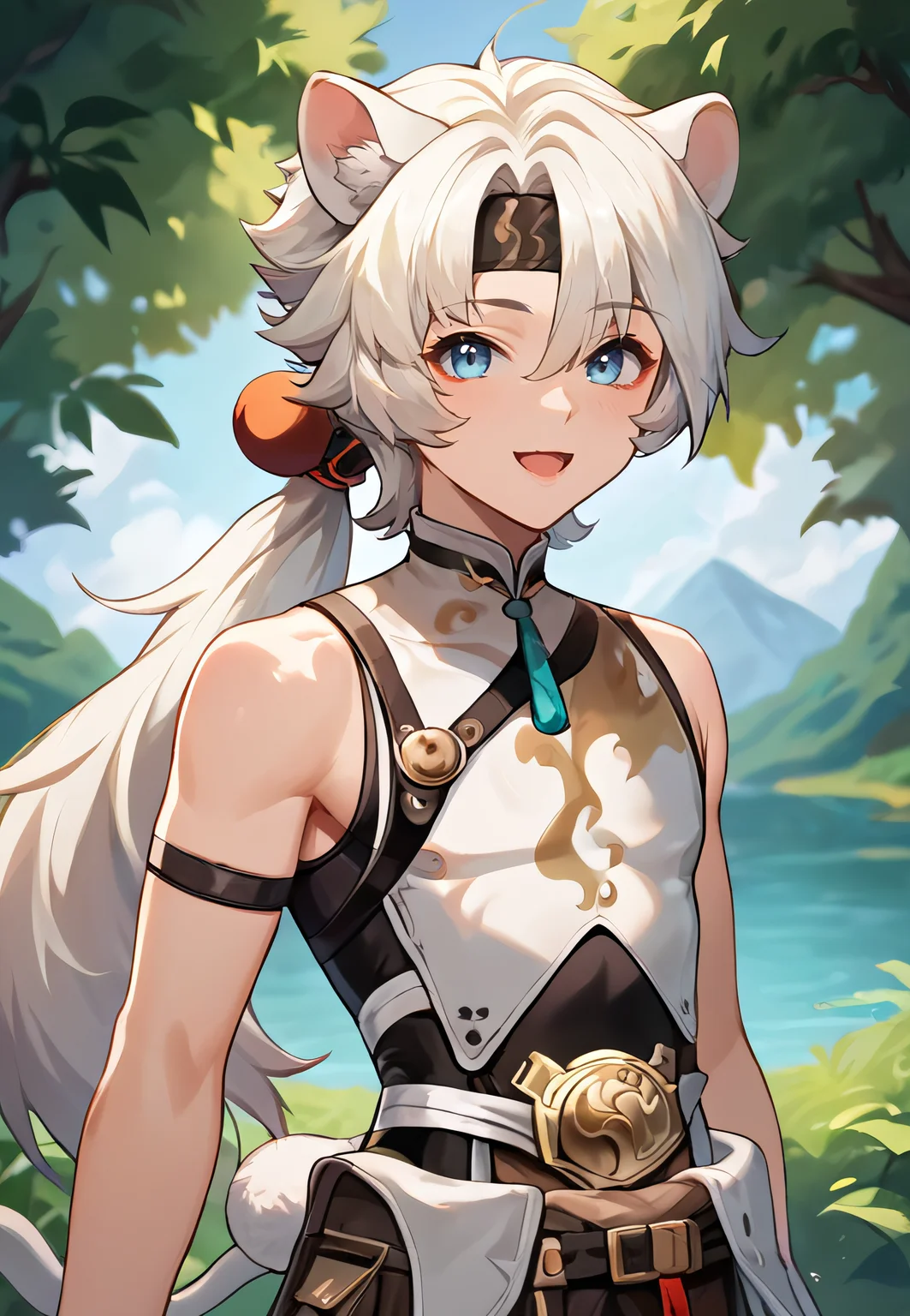 score_9, score_8_up, score_7_up, all in one, masterpiece, best quality, lots of details, (1boy:1.3), male focus, (narrow waist:1.5), <lora:sdxl_lightning_8step_lora:0.75> , closed mouth, shaded, detailed shading, detailed skin, shaded skin, realistic shading, looking at viewer, countershading:1.1, outdoors, <lora:add-detail-xl:0.7>, <lora:Smooth Anime 2 Style SDXL_LoRA_Pony Diffusion V6 XL:0.65>, , , , sloppy open mouth, cute smile, , hair between eyes, <lora:lingyang-08:0.55>, (lingyang:1.3), ponytail, blue eyes, tail, animal ears, (default outfit:1.3), (upper body:1.2), headband,
