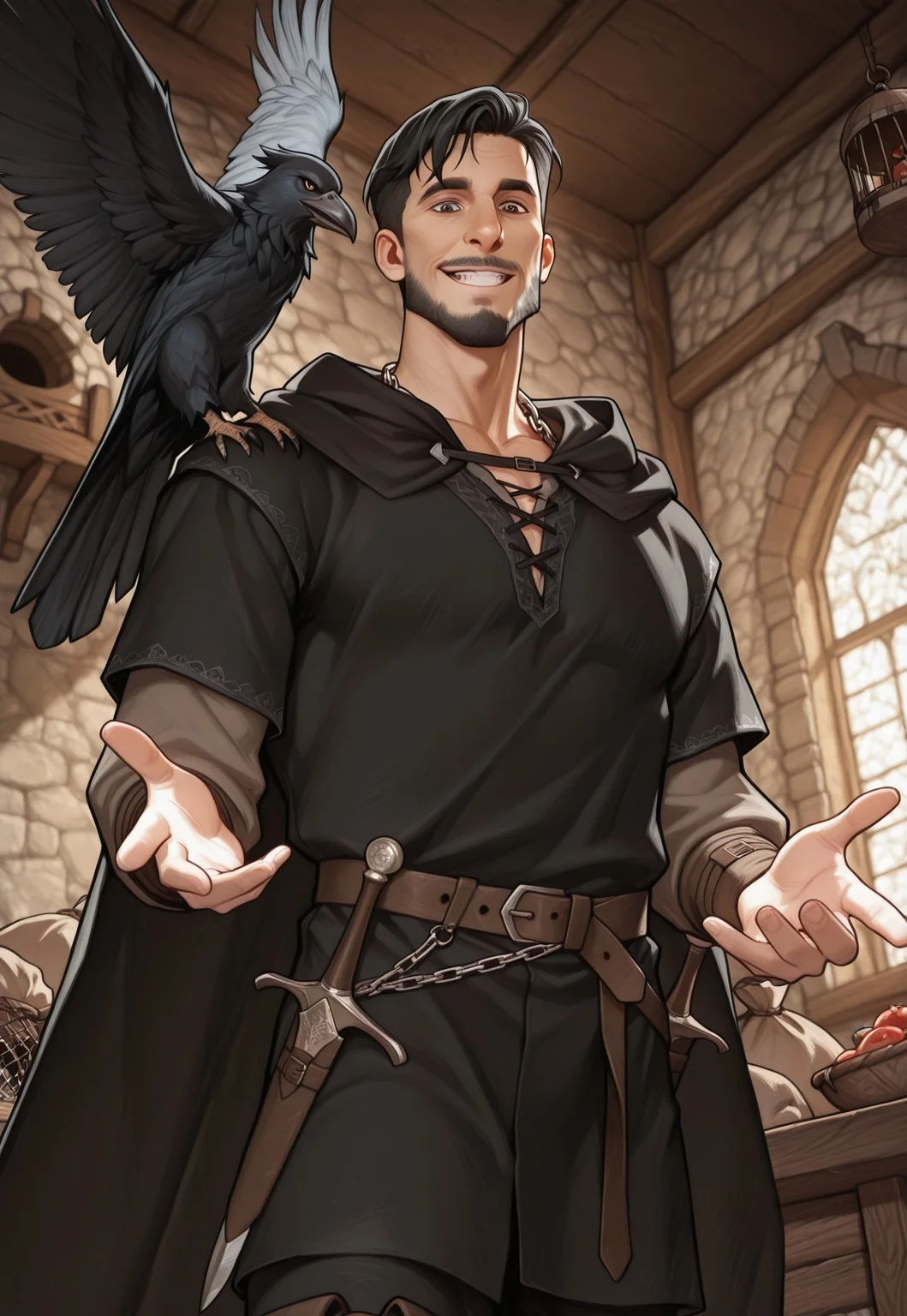 mai_ki_style, frostbite, 4s0r4, Hdeyes, masterpiece, best quality, highly detailed, highres, absurdres, highly detailed, depth of field, vibrant image, dynamic, detailed face, detailed eyes, intricate details, absurdres, amazing quality, very aesthetic, upscale, medieval aesthetic, games of thrones ambience, detailed pose, dynamic pose, close angle, detailed background,
BREAK
indoors, nightime, castle tower, window, medieval archytecture, fantasy world, crosed arms, looking at viewer, detailed face, five fingers, detailed facial features, cowboy shot, big wooden bird cages on a wooden counter, crows, feeding the crows, grain sack, stone walls, stone floors, tapestry, wooden window frames,
BREAK 
1man, (male), human man, 40 years old man, masculine, male, thin body, sharp nose, deep eyes, hazel eyes, black hair with white strings, short hair, shaved beard, beardless, baggy eyes, maester, alchemist, black robes, belt, pouches and bags hanging from belt, one dagger on belt, tunic, black pants, medieval clothes style, black cape, boots, plain clothes, smile, wrinkles, multicolor metallic chain hanging from neck