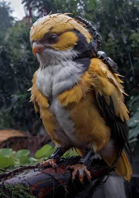 the most sad birb resting on a tree, its freakish appearance and (mechanical robotic wings and body:1.2) aren't accepted by the shunning high birbciety, lonely, backdrop, rain, feathers, electric surge spark, <lora:- SDXL - vanta-black_contrast_V3.0:0.6>, <lora:artfullyCHEERUP_SDXL_V1:0.5>, <lora:- SDXL - stnerfx _Stoner_Fox_V3.0:0.2>, <lora:- SDXL - hevy_armored_mechvari_V1.5:.7>, <lora:Smile_and_Cry_XL:0.8>, <lora:SDXL_feelings_Sa_May:0.7>