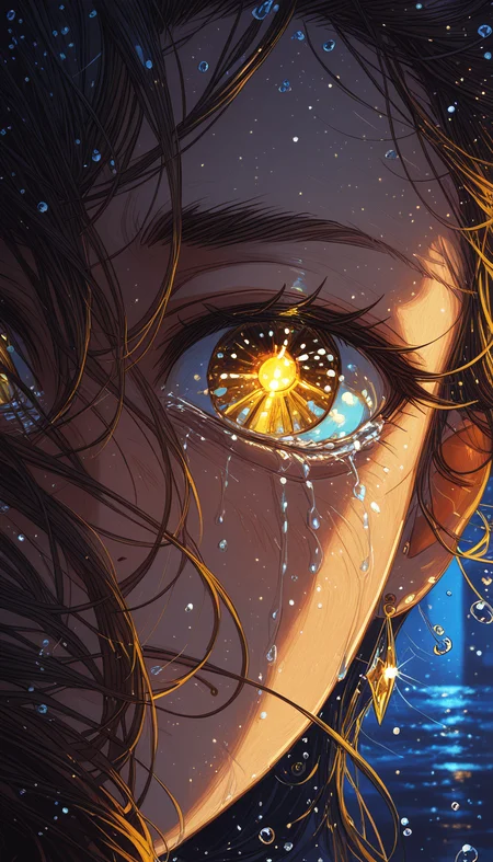Shinkaistyle, masterpiece,
decarloxl, retro colors, 60s, retro, comic, fantasy,
jedopil, oil painting,
perfect eyes, vivid colors, vibrant colors, (lineless:1.5), (night:1.5), twightlight, (crying:1.9), (tears:1.9), light from front, 1girl, solo, long hair, looking at viewer, blush, short hair, bangs, simple background, brown hair, black hair, white background, brown eyes, jewelry, closed mouth, yellow eyes, earrings, parted lips, shiny, dark skin, water, blurry, dark-skinned female, wet, orange eyes, symbol-shaped pupils, eyelashes, sparkle, depth of field, blurry background, shadow, glowing, sunlight, thick eyebrows, portrait, light particles, close-up, reflection, bubble, blurry foreground, water drop, glint, symbol in eye, orange theme, eye focus