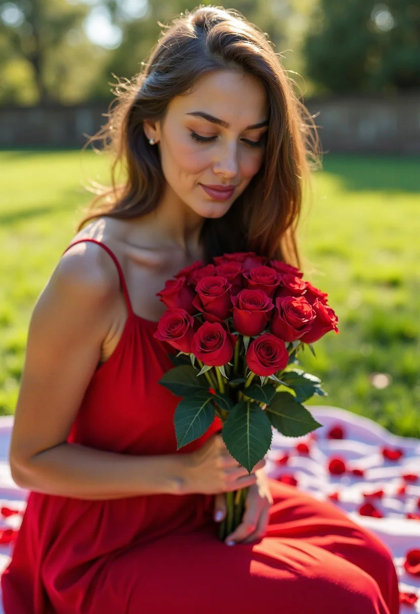 valentine's day, a woman, picnic, smelling a bouquet of roses, sunny, wearing a red sundress, rose petals