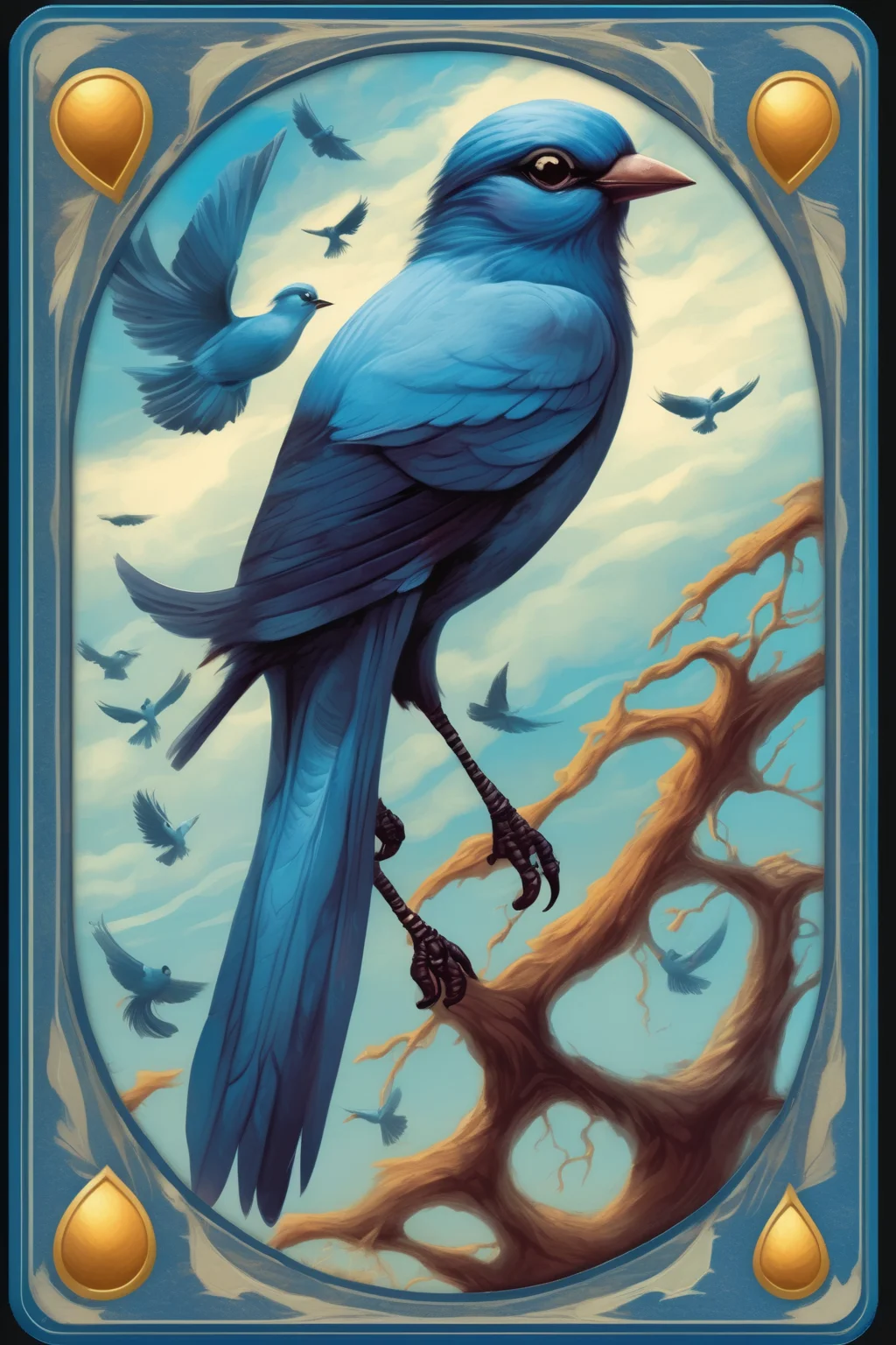 <lora:Dixit Card Generator:1>Dixit Card Generator - Bird Card,Framed with shades of deep blues and light sky blues, symbolizing the boundless sky, the Bird Card showcases a vibrant bird in flight. Its opulent feathers spread wide, and its sharp gaze is set on the next target, exuding an air of unpredictability. Upon playing this card, the subsequent player is challenged to draw two cards, representing the potential threats a bird can pose to newly sown seeds.