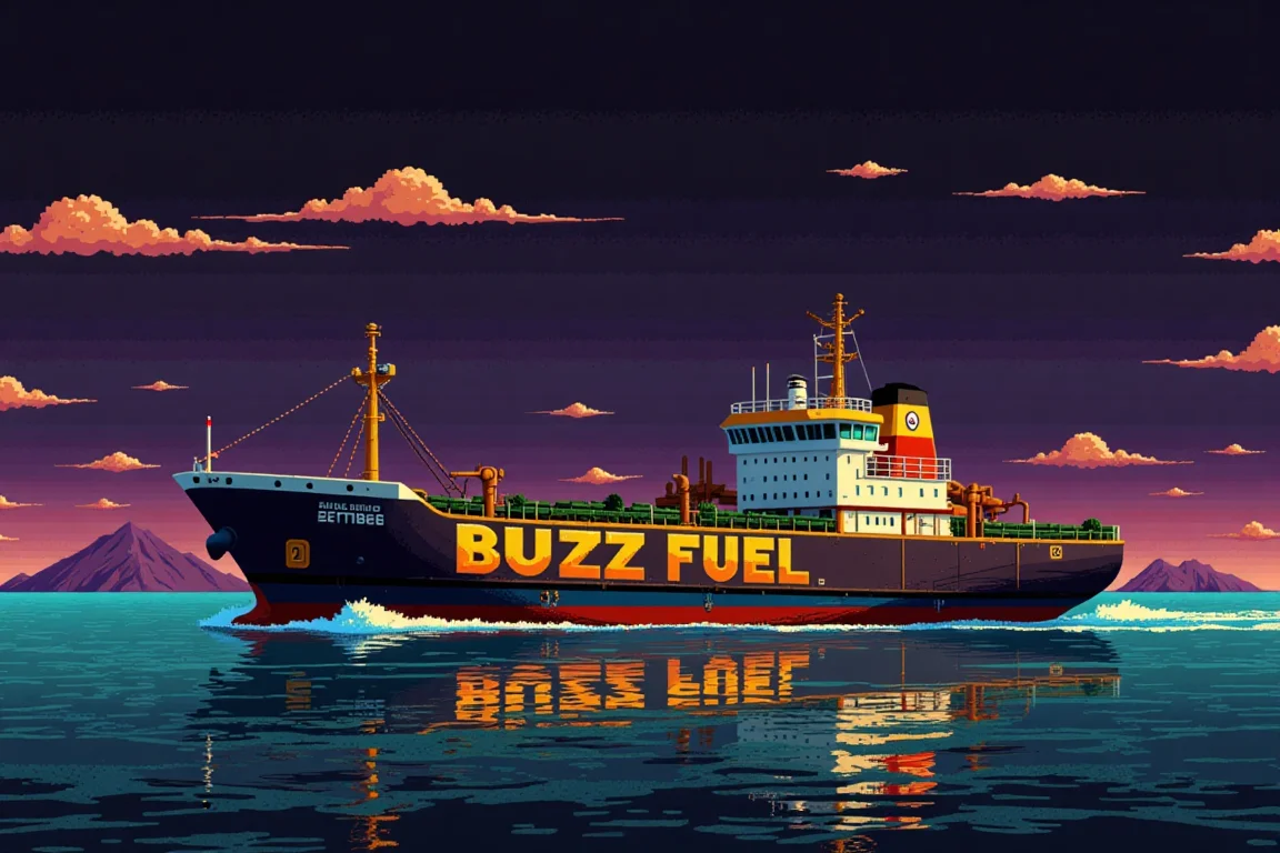 8 bit retro game, big sea ship oil tanker, (sea tanker ship seen from the side:1.4), 'BUZZ FUEL' written in bold letters on the tanker truck