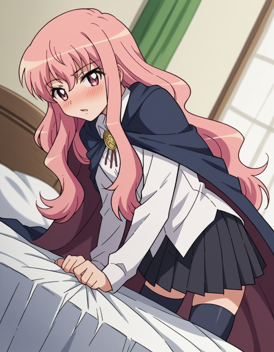 score_9, score_8_up, score_7_up, source_anime,
louisefrancoiseleblancdelavalliere, <lora:louise-francoise-le-blanc-de-la-valliere-s3-ponyxl-lora-nochekaiser:1>,
louise francoise le blanc de la valliere, long hair, pink hair, pink eyes, sidelocks,
skirt, thighhighs, cape, zettai ryouiki, long sleeves, shirt, white shirt, collared shirt, black skirt, pleated skirt,
indoors, bed, bed room, on side, blush, drunk,
looking at viewer, cowboy shot, solo, dutch angle