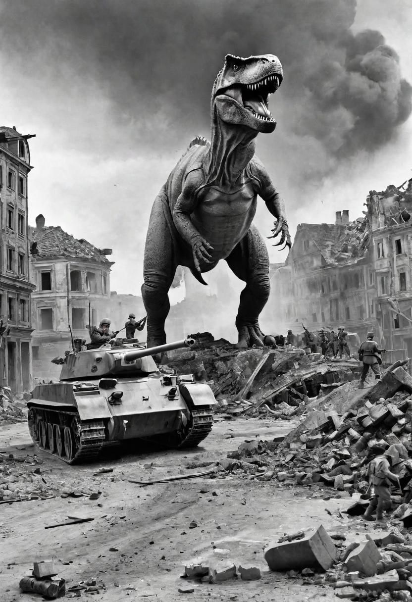 Black and white photo of german soldiers in ww2 in a destroyed city attacking a t-rex dinasaur with several tanks