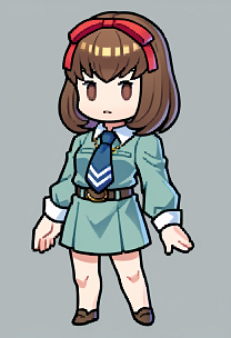 score_9, score_8_up, score_7_up, source_anime BREAK 1girl, solo,
 <lora:Feh-Sprites-pdxl_Fp:1> simple background, chibi, full body
 <lora:zs_MakiXL:1> makip1, brown hair, medium hair, brown eyes, hair ribbon, dress, white collar, blue tie, belt, necklace