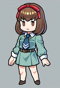 score_9, score_8_up, score_7_up, source_anime BREAK 1girl, solo,
<lora:Feh-Sprites-pdxl_Fp:1> simple background, chibi, full body
<lora:zs_MakiXL:1> makip1, brown hair, medium hair, brown eyes, hair ribbon, dress, white collar, blue tie, belt, necklace