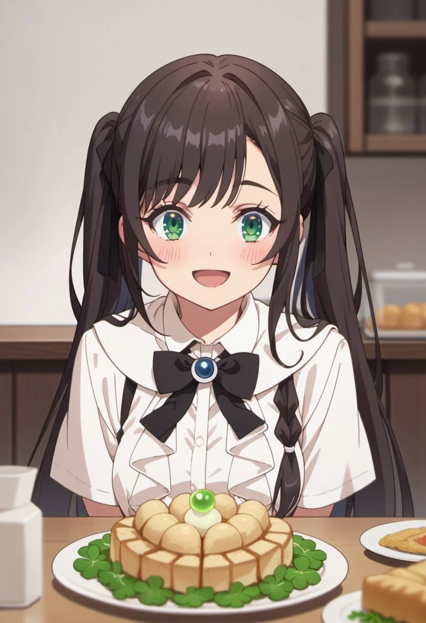 score_9, score_8_up, score_7_up, source_anime, clover alina, dark brown hair, green eyes, long hair, 1girl, solo, smile, open mouth, blush, food, shirt, twintails, looking at viewer, bowtie, white shirt, swept bangs
