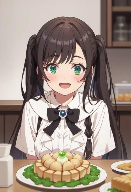 score_9, score_8_up, score_7_up, source_anime, clover alina, dark brown hair, green eyes, long hair, 1girl, solo, smile, open mouth, blush, food, shirt, twintails, looking at viewer, bowtie, white shirt, swept bangs