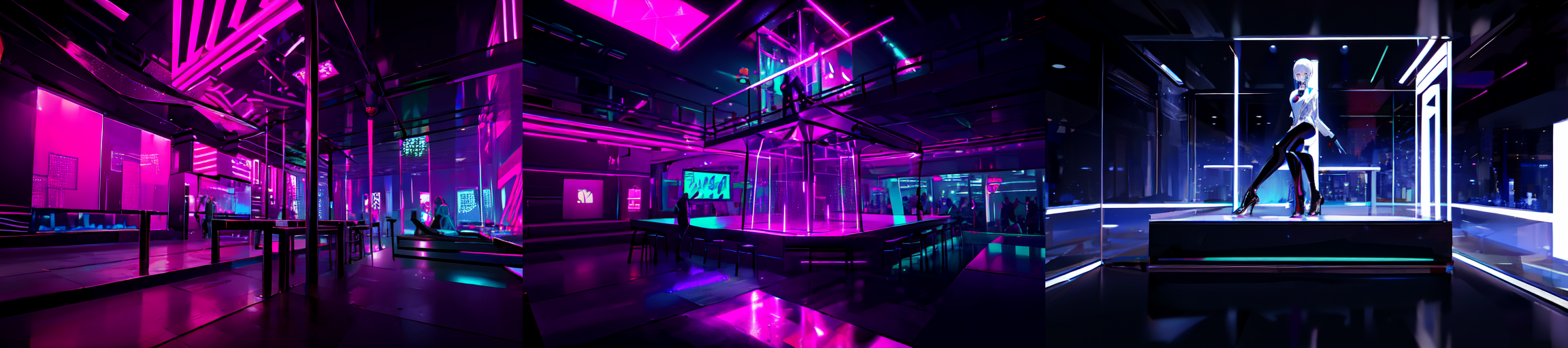 highly insanely detailed, masterpiece, top quality, best quality, highres, 4k, 8k, RAW photo, (very aesthetic, beautiful and aesthetic), 
__lazy-wildcards/subject/env-bg-interior/cyberpunk_club/prompts__, 
<lora:Cyberpunk_Club:0.7>, 
(1girl:1.3), 1other, 
__lazy-wildcards/dataset/background__,âââ