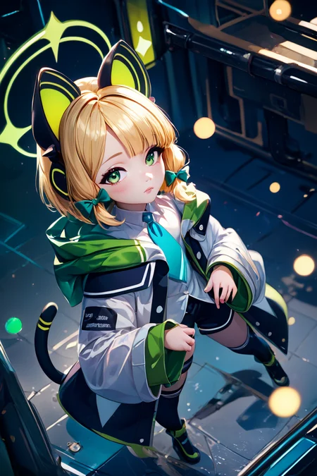 score_9, score_8_up, score_8, medium breasts, (curvy), cute, eyelashes, BREAK, , ,,, zzMidori, solo, blonde hair, short hair, green eyes, hair bow, tail, animal ears, fake animal ears, animal ear headphones, headphones, cat ear headphones, halo, hair bow, green halo, tail, cat tail, green bow, black thighhighs, blue necktie, collared shirt, long sleeves, white jacket, white shirt, black shorts, blush, black footwear, open jacket, hood, wide sleeves ,<lora:Midori_BlueArchive_PDXL:1.0>, ,,,, BREAK, (ultra realistic,32k, masterpiece:1.2),(high detailed skin:1.1),( high quality:1.1), head tilt, lips, closed mouth, shiny clothes, (upper body), looking at viewer, bokeh, luminescent background, ,,, embedding:zPDXL, Expressiveh, ,,, <lora:RlAnmPDXL:1.0>,