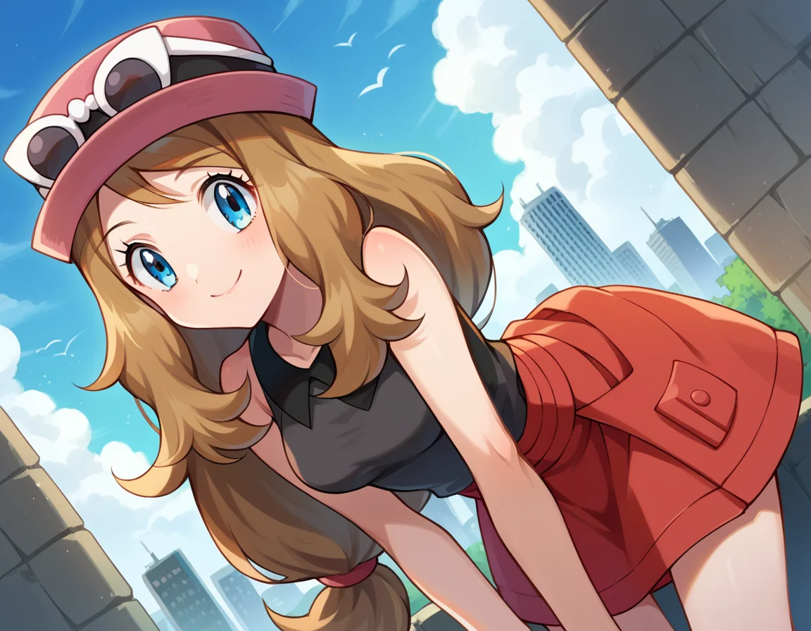 score_9, score_8_up, score_7_up, source_anime,
pokemonserena, <lora:pokemon-serena-ponyxl-lora-nochekaiser:1>
serena, long hair, blue eyes, brown hair, smile,
eyewear on head, hat, skirt, sunglasses, shirt, black shirt, sleeveless, red skirt, pink hat,
outdoors, cityscape, bent over,
looking at viewer, cowboy shot, dutch angle,