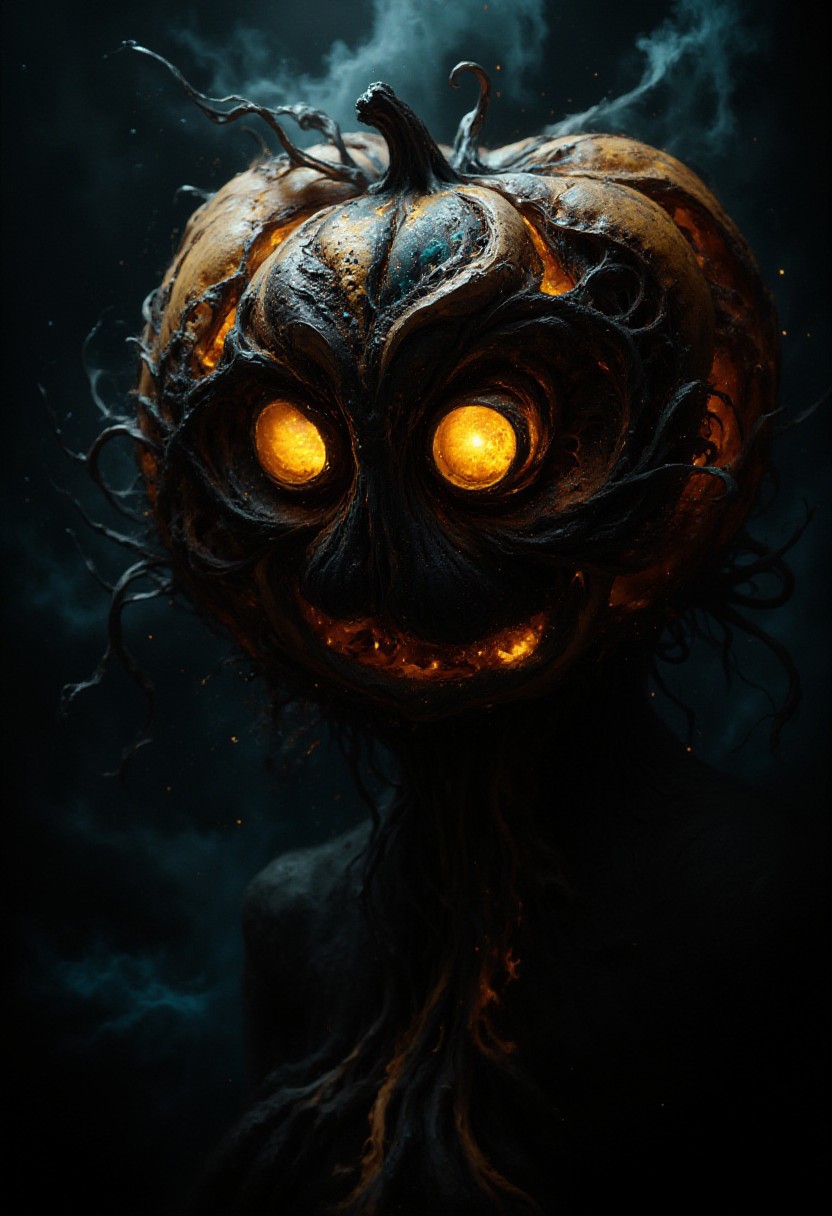Imagine a twisted, nightmarish jack-o-lantern with an exceptionally flat, narrow nose and sunken, yet intensely bright yellow eyes that seem to burn with an otherworldly energy. Its form is a blend of humanity and some unseen, eldritch horror, as if born from dark, foreboding mists that have taken on a life of their own. Capture this creature in exquisite, cinematic detail, with every texture, muscle, and fiber revealed in hyperrealistic, awe-inspiring precision. The atmosphere around it is heavy with an unsettling, malevolent presence that seems to seep into the very soul, as if it has been summoned from some ancient, long-forgotten tome of forbidden knowledge.
