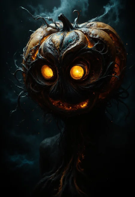 Imagine a twisted, nightmarish jack-o-lantern with an exceptionally flat, narrow nose and sunken, yet intensely bright yellow eyes that seem to burn with an otherworldly energy. Its form is a blend of humanity and some unseen, eldritch horror, as if born from dark, foreboding mists that have taken on a life of their own. Capture this creature in exquisite, cinematic detail, with every texture, muscle, and fiber revealed in hyperrealistic, awe-inspiring precision. The atmosphere around it is heavy with an unsettling, malevolent presence that seems to seep into the very soul, as if it has been summoned from some ancient, long-forgotten tome of forbidden knowledge.