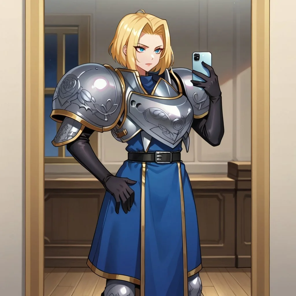 Expressiveh,1girl, charlotte, blue eyes, blonde hair, short hair, blue dress, black gloves, armor, belt, high heel, knee boots, shoulder pads, knee pads , mirror, room, standing, holding phone, selfie, solo, hand on own hip, score_9, score_7_up,anime coloring ,source_anime, anime, anime screencap, infront of view