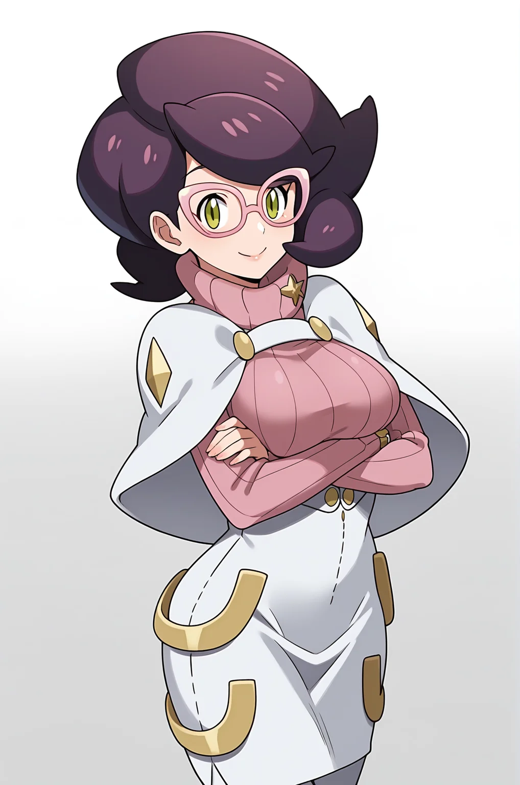 score_9, score_8_up, score_7_up, source anime, anime, animification, anime screencap, anime coloring, vivid colors, shiny skin, skindentation, deep skin, depth of field, high quality, highres, (dynamic angle,dynamic pose)
wicke \(pokemon\), 1girl, solo, looking at viewer, smile, short hair, skirt, large breasts, simple background, long sleeves, white background, closed mouth, green eyes, purple hair, glasses, sweater, capelet, turtleneck, crossed arms, white skirt, ribbed sweater, turtleneck sweater, white coat, big hair, pink sweater, pink-framed eyewear
BREAK
masterpiece,high quality
 <lora:Wicke_PokemonPony:0.9>