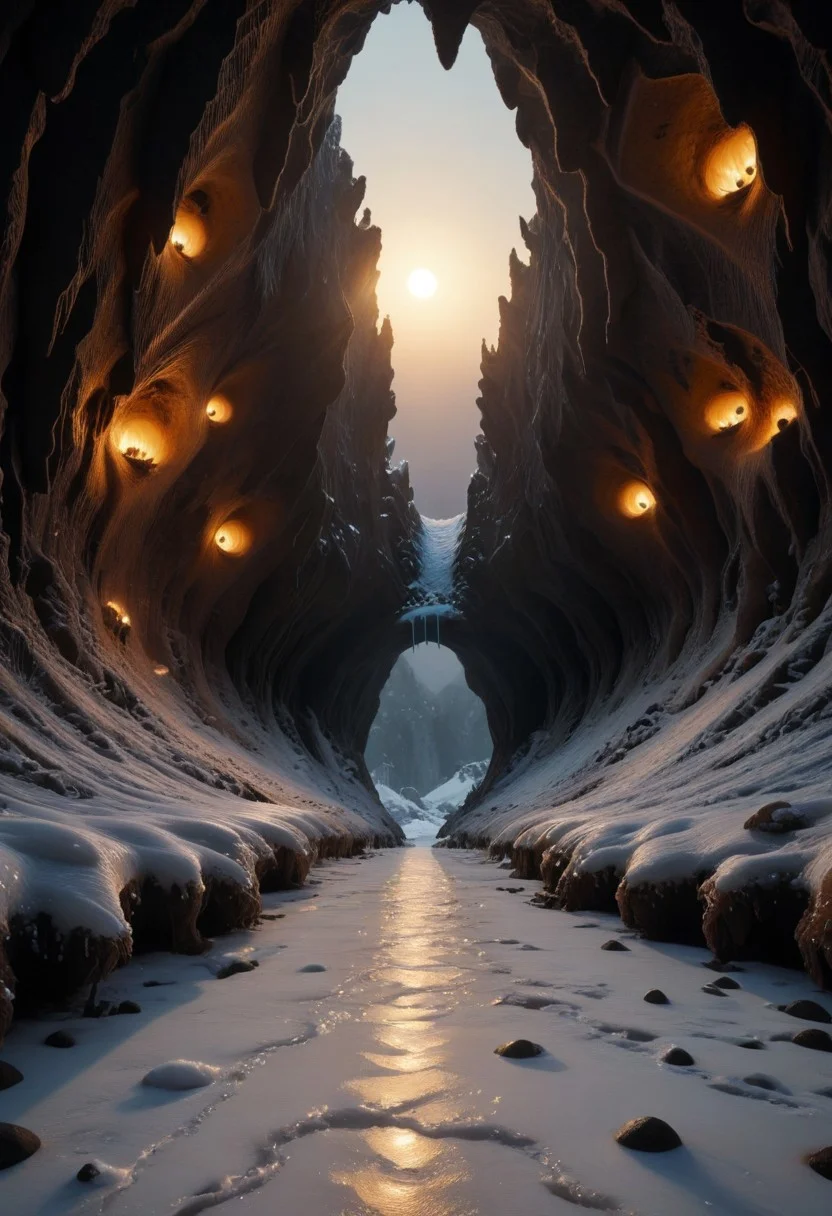 A weird creature made of peacock in a beautiful cave, sunrise, light roams through the cave and creates reflections in the snow, theW3iRDi3Sv2