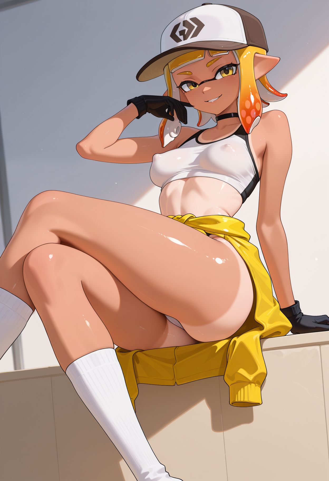 <lora:otokakoto_style_v1_IL-18:1.0> otokakoto_style,  1girl, solo, breasts, looking at viewer, smile, blonde hair, gloves, hat, yellow eyes, ass, choker, black gloves, socks, orange hair, covered nipples, tan, white socks, tanlines, tentacle hair, sports bra, one-piece tan, clothes around waist, inkling, inkling girl, crossed legs