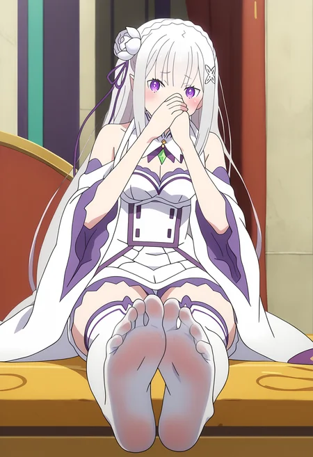 score_9, score_8_up, score_7_up, source_anime,
BREAK
<lora:shismellyfeetV1:1>,
shistinkyhose, feet, foot focus, no shoes, smell, soles, toes, legs, white thighhighs,
1girl, solo, anime screencap, anime coloring,
<lora:shiEmiliaV2:1> shimilia, long hair, grey hair, purple eyes, pointy ears, crown braid, hair flower, hair ribbon, purple ribbon, x hair ornament, white dress, cleavage, bare shoulders, wide sleeves,
blush, covering nose, looking at viewer,