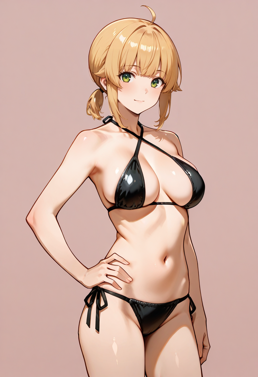 masterpiece, best quality,
1girl, solo, cowboy shot,
standing, hand on own hip,
looking at viewer, light smile,
<lora:Norn_Greyrat:1> N0rnGr31r4t, blonde hair, ahoge, sidelocks, bangs, short hair, ponytail, green eyes, 
simple background, pink background,           <lora:X_micro_bikini:0.6> X_m1cr0_b1k1n1, criss-cross halter, bikini,