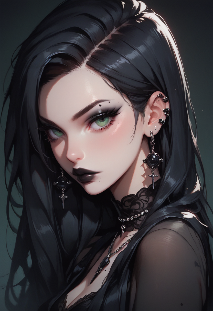 score_9, score_8_up, score_7_up,Goth girl, goth girl 1girl, 1girl,solo,long hair,looking at viewer,black hair,green eyes,jewelry,earrings,mole,mole under eye,makeup,piercing,lipstick,black background,portrait,eyeshadow,hair behind ear,gothic,black lips, <lora:[GP] somethingweird [Pony XL]:0.2>, <lora:g0th1cPXL:0.3>, <lora:Concept Art Twilight Style SDXL_LoRA_Pony Diffusion V6 XL:0.8>, <lora:Goth_girl_XL-v2:0.8>