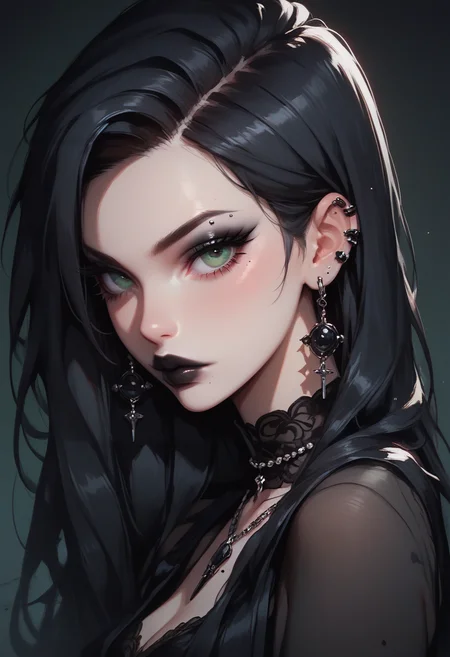 score_9, score_8_up, score_7_up,Goth girl, goth girl 1girl, 1girl,solo,long hair,looking at viewer,black hair,green eyes,jewelry,earrings,mole,mole under eye,makeup,piercing,lipstick,black background,portrait,eyeshadow,hair behind ear,gothic,black lips, <lora:[GP] somethingweird [Pony XL]:0.2>, <lora:g0th1cPXL:0.3>, <lora:Concept Art Twilight Style SDXL_LoRA_Pony Diffusion V6 XL:0.8>, <lora:Goth_girl_XL-v2:0.8>