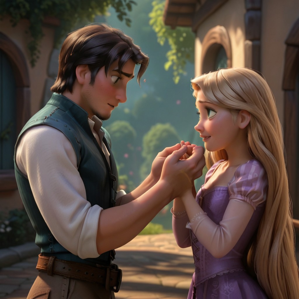 score_9, score_8_up, score_7_up, score_6_up, score_5_up, score_4_up, 1boy, 1girl, RapunzelFlynn, looking at each other