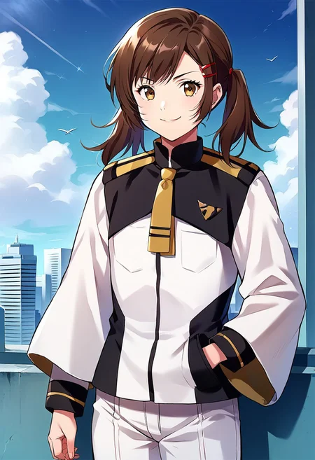 score_8, score_8_up, score_7_up, score_6_up, source_anime, BREAK, 1girl, solo, female focus,, Misa_GB, flat chest, brown hair, asymmetrical hair, hair ornament, hair clip, short twintails, asticassia_outfit, shoulder boards, multicolored clothes, two-tone jacket, jacket, black jacket, collared jacket, black sleeve cuffs, sleeve cuffs, long sleeves, wide sleeves, layered sleeves, two-sided fabric,asticassia_holder, gold shoulder boards, white jacket, white shorts, gold necktie, smug, looking at viewer, outdoors, building, city, sky, window, space colony interior