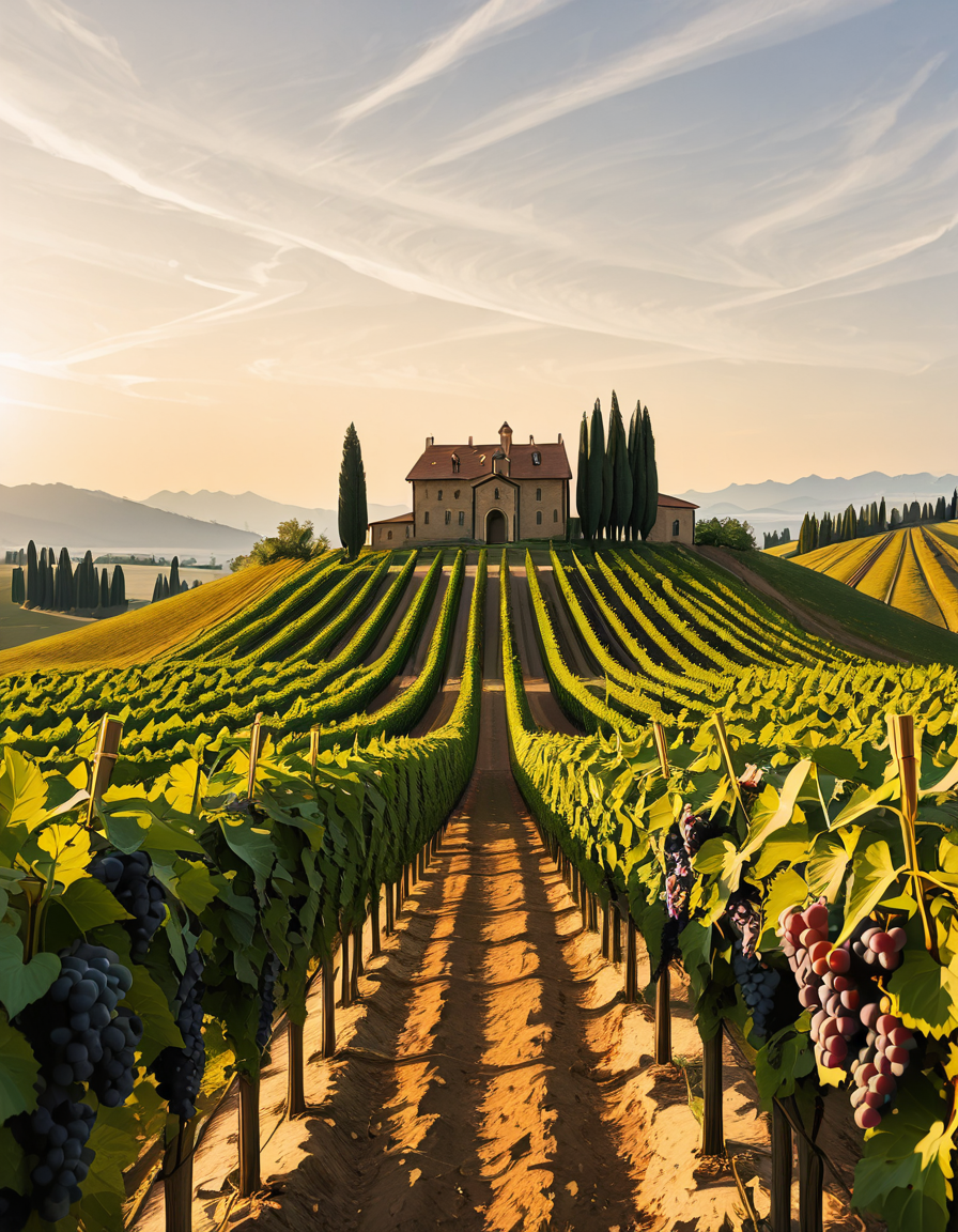 A breathtaking vineyard stretching across rolling hills, bathed in the warm golden light of late afternoon. The neatly aligned rows of grapevines are lush and vibrant, their deep green leaves contrasting with the rich, fertile soil beneath them. The vines are heavy with ripe, plump grapes in shades of deep purple and rich green, glistening under the sunlight. In the background, a rustic stone farmhouse with a terracotta roof sits atop a small hill, surrounded by tall cypress trees. A narrow dirt path winds through the vineyard, leading towards the farmhouse. The sky is a soft blue with wispy clouds scattered across the horizon. In the distance, a range of low mountains adds depth to the landscape. The atmosphere is peaceful and idyllic, evoking the charm of a traditional wine-growing region like Tuscany or Bordeaux. 
<lora:SDXLFaeTastic2400:0.4> <lora:extremely_detailed:0.4> extremely detailed
,v1n3y4rd <lora:v1n3y4rd-i:1>, Masterpiece,best quality,hi res,8k,hi res,8k,award winning,(sharp focus, intricate, highly detailed),