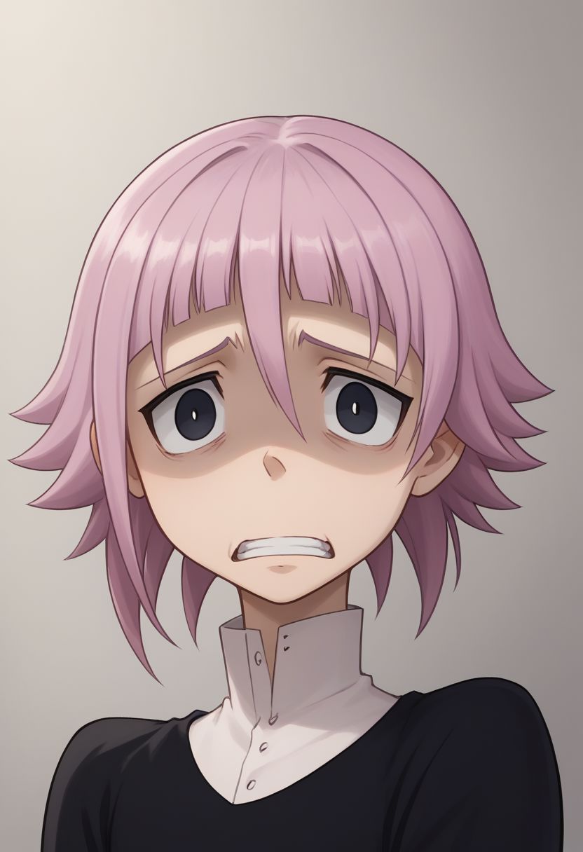 score_9, score_8_up, score_7_up, source_anime, highly detailed, 
crona, 1boy, solo, black eyes, short hair, pink hair, bags under eyes, hair between eyes, long sleeves, white shirt, shirt, dress, black dress, upper body, teeth, scared, panic, exagerated, parody, shaded face,
indoor,