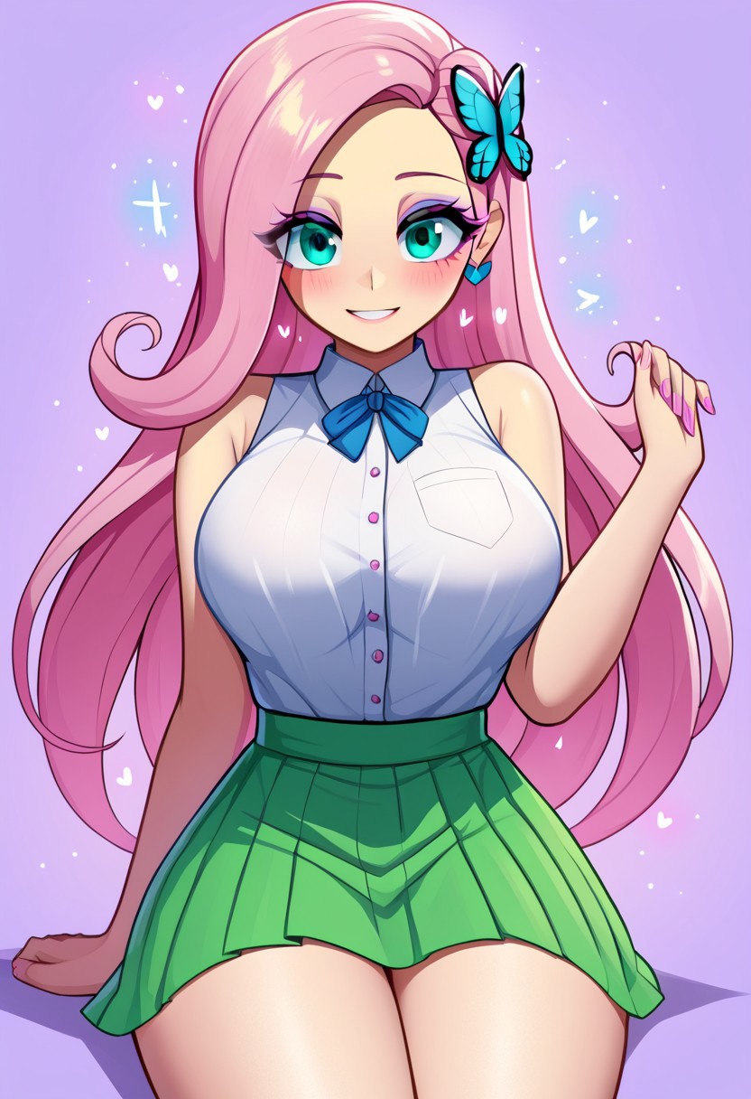score_9, score_8_up, score_7_up, score_6_up, score_5_up, score_4_up, source_cartoon, <lora:confetti-extract- ponyxl:0.85>, detailed eyes, easynegative, rating_explicit, Expressiveh, 1girl, solo, blush, 
fluttershy, long hair, Big breasts, looking at viewer, blush, hair ornament, pink hair, thighs, aqua eyes, eyelashes, butterfly hair ornament, yellow skin, eyeshadow, butterfly, colored skin, purple eyeshadow, smiling at viewer, shirt, skirt, white shirt, sleeveless, sleeveless shirt, bare shoulders, plain shirt, green skirt, butterfly print lace-trimmed skirt, miniskirt, bare arms,