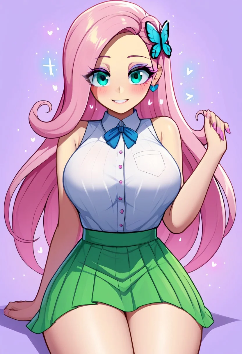 score_9, score_8_up, score_7_up, score_6_up, score_5_up, score_4_up, source_cartoon, <lora:confetti-extract- ponyxl:0.85>, detailed eyes, easynegative, rating_explicit, Expressiveh, 1girl, solo, blush,
fluttershy, long hair, Big breasts, looking at viewer, blush, hair ornament, pink hair, thighs, aqua eyes, eyelashes, butterfly hair ornament, yellow skin, eyeshadow, butterfly, colored skin, purple eyeshadow, smiling at viewer, shirt, skirt, white shirt, sleeveless, sleeveless shirt, bare shoulders, plain shirt, green skirt, butterfly print lace-trimmed skirt, miniskirt, bare arms,