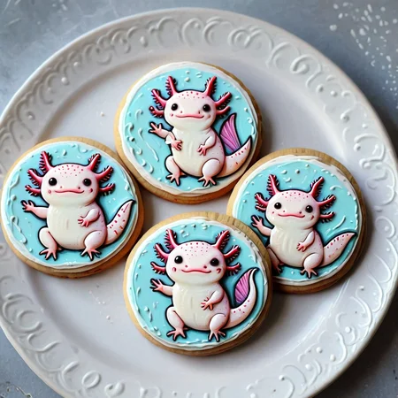 <lora:lora:1>cookie art design, <lora:Axomodelv2.1:1> simple round cartoon cookie art, delicious cute axolotl cookies with icing, flat cookies, cookies with cute design <lora:add-detail-xl:1>,