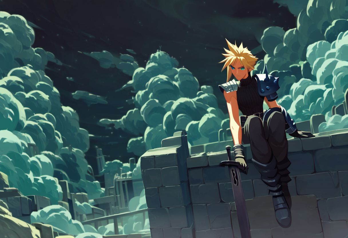 score_9, score_8_up, score_7_up, Cloud Strife leaning against a ledge, looking intently at shine s headquarters, holding Buster Sword, shoulder armor, sleeveless turtleneck, in midgar city at night overlooking shinra_hq, dim street lighting, solo, beautiful, androgynous, shoulder armor, industrial cityscape, from front, heavy smog,