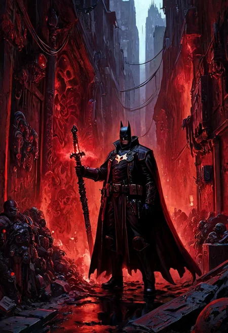 1man, solo, he is a mix of nqstrman and batman in a black and red outfit holding a sword stands in the shadowy underbelly of a hive city, his long coat billowing as he examines xenos artifacts hidden in a dimly lit alley. The grimy walls are covered in graffiti venerating forbidden gods, and his gaze is stern, his hand resting on the hilt of a power sword, ready to dispense the Emperor's justice, apxlz