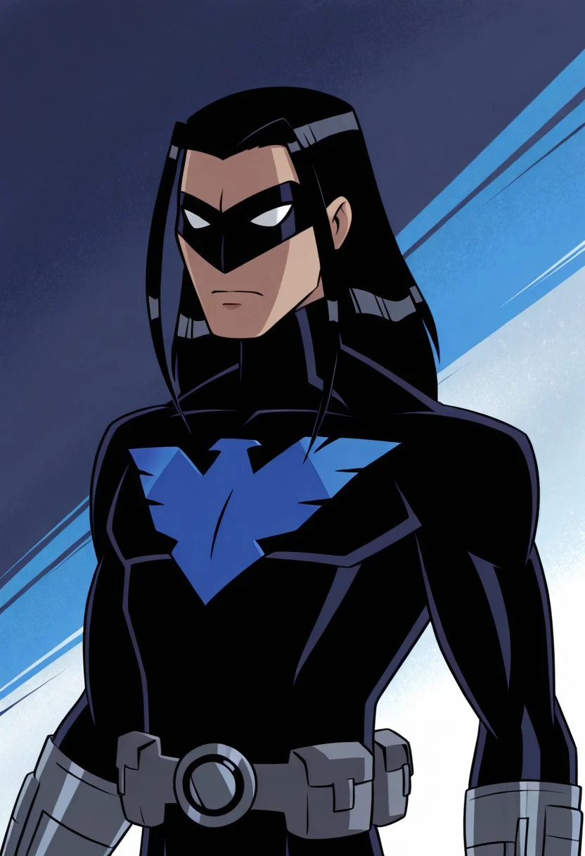 TT_Nightwing,1boy,solo,Black hair,long hair,domino mask,white eyes,no pupils,black bodysuit,blue chest symbol,grey utility belt,silver gloves,superhero