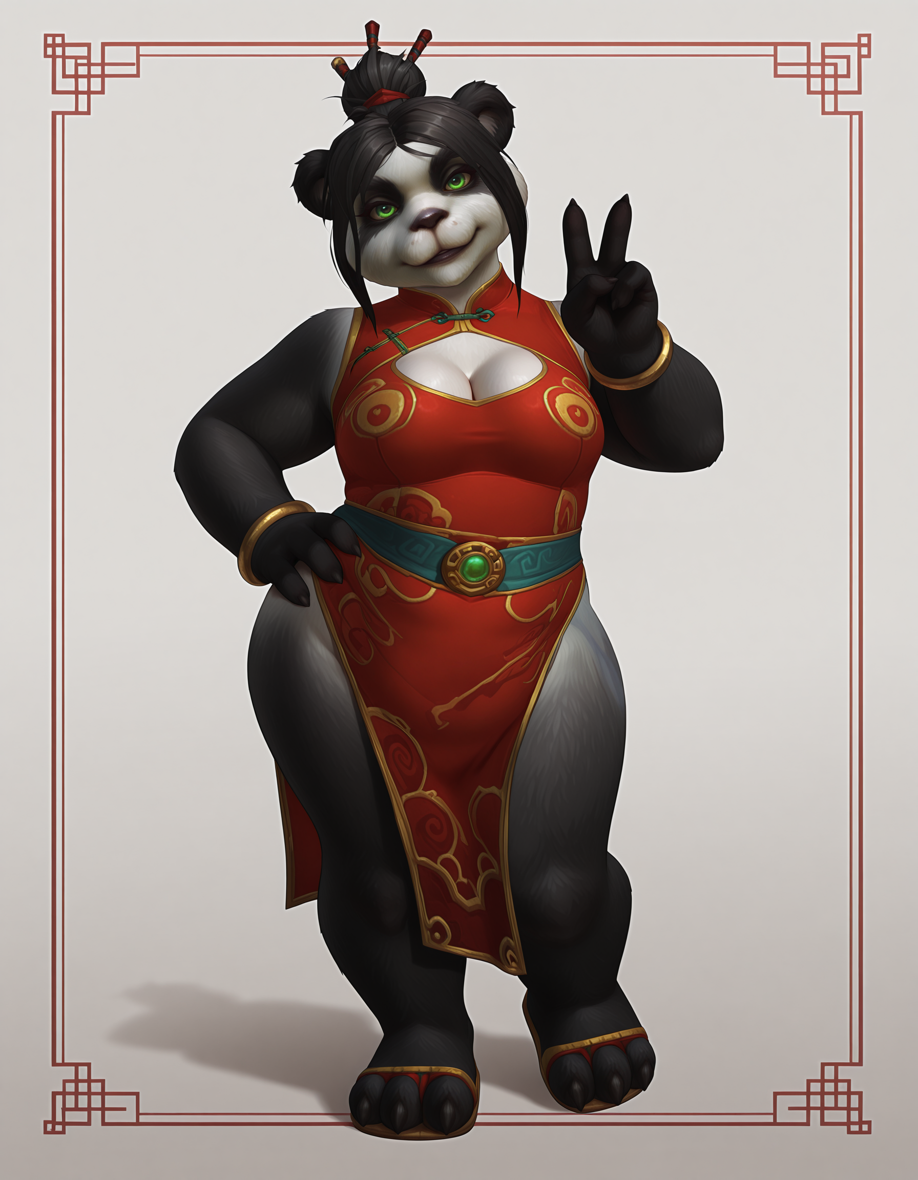 masterpiece, best quality, amazing quality, very aesthetic, absurdres, newest, volumetric lighting, world of warcraft, <lora:plussizegirls_IL:0.8>, outside border, abstract background, bright background,
<lora:BPandarenGTb:0.8>, bpndrngt, 1girl, furry female, pandaren, parted bangs, topknot, fewer digits, plump, red china dress, dutch angle, hand on hip, full body, sandals, v sign, head tilt, bangles, sash, cleavage cutout, claws