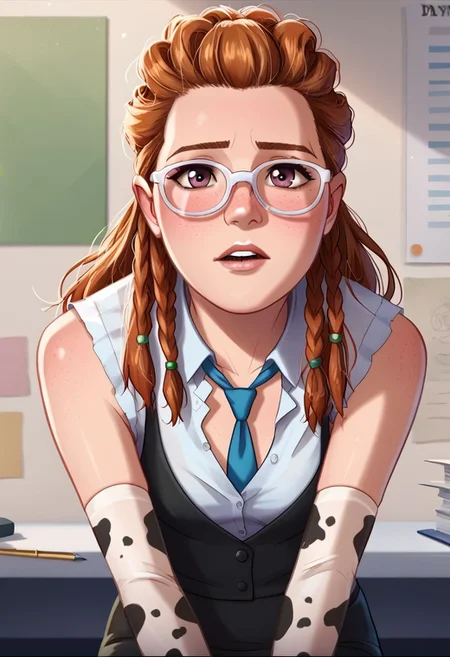score_9, score_8_up, score_7_up, source_anime, mrls, idemitsu, uncensored,
1girl, solo, aly, long hair, multiple braids, freckles, hair ornament, necktie, top, fur trim, buttoned shirt, (glasses, buck teeth, nerdy), (cow_print, cow_print_elbow_gloves:1.4), looking up at you,
detailed background, office, workplace, dawn