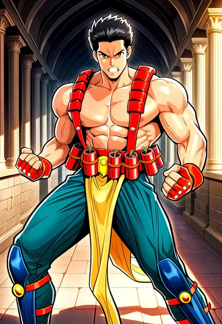 masterpiece, best quality, amazing quality, very aesthetic, absurdres, newest, 1boy, dionffl3, black hair, muscular, bulging muscles, shirtless, orange fingerless gloves, yellow loincloth, belt, teal pants, blue greaves, standing pose, hallway, stone walls, pillars, angry, clenched teeth, dynamite belt, dynamite vest, looking at viewer