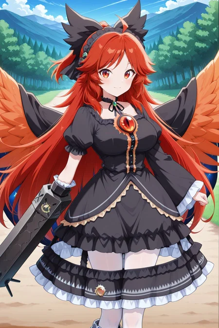 absurdres, highres, masterpiece, best quality, amazing quality, official anime artwork, screencap, anime screencap, outdoors, looking at viewer, light smile, dynamic pose, standing,
<lora:Utsuho-Reiuji_IllustriousV2:1>reiuji utsuho, 1girl, solo, red eyes, red hair, long hair, ahoge, orange wings, bird wings, third eye, breasts,, reiuji utsuho \(the tiny queen's charcoal maker\), alternate costume, alternate hair color, black hairband, frilled hairband, black bow, hair bow, black neck ribbon, black cape, black dress, asymmetrical sleeves, wide sleeves, frilled sleeves, frilled skirt, white pantyhouse, arm cannon, black cannon, chains, crenoline, detached skirt, green jewel, 
day,