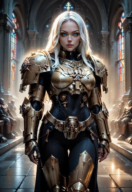 church, worshipers, long legs, skinny, realistic, photograph, masterpiece, score_9, score_8, score_7, 1girl,  long hair, white hair, blue eyes, gold power armor, looking_at_viewer, walking, DeathW40K,