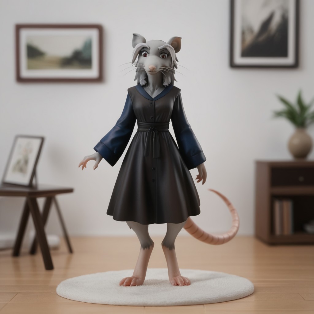 score_9, score_8_up, score_7_up, score_6_up, score_5_up, score_4_up, source_furry, Splinter03v2, semi-anthro, female, rat, grey fur, brown eyes, rat tail, , inside, full body,  black dress, blue sleeves